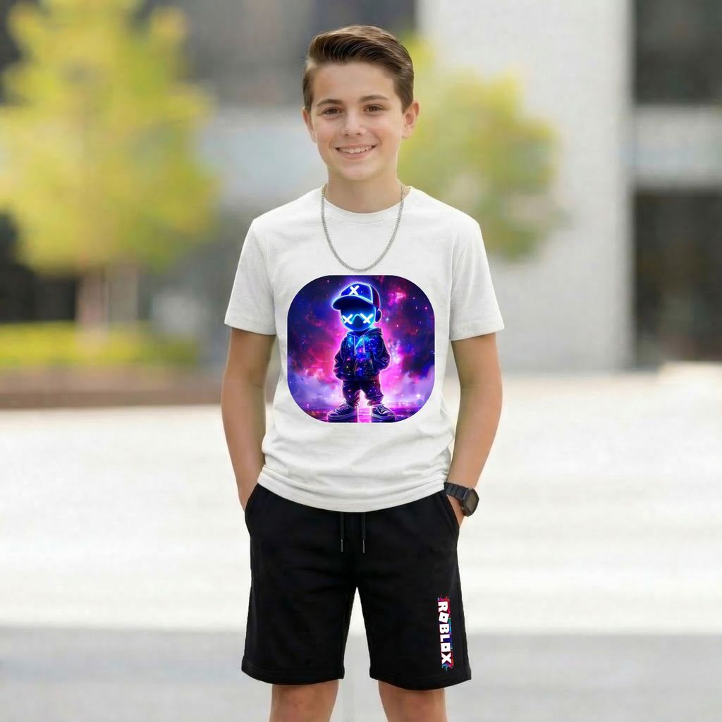Conjunto Roblox Jogo: Camiseta estampada Short Preto 100% Algodão Confort Premium Presente Criança Tendência 2026