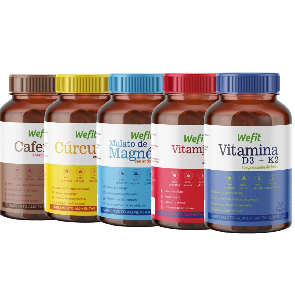 Kit 5x Cafeína + Magnésio + Cúrcuma + Vitamina D3 + Vitamina b12 Pote Com 210 Cápsulas Wefit