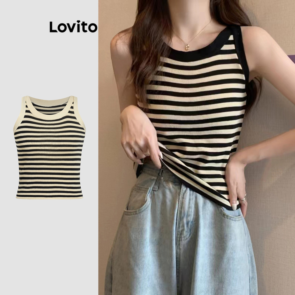 Lovito Casual Regata Listrada Com Gola Redonda E Sem Mangas Para…