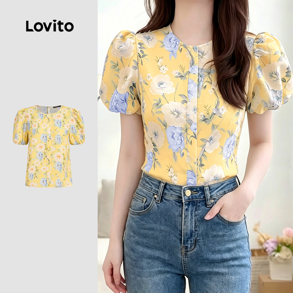 Lovito Blusa Casual Plissada Estampa de Viagem Primavera/verão para Mulheres L189ED045