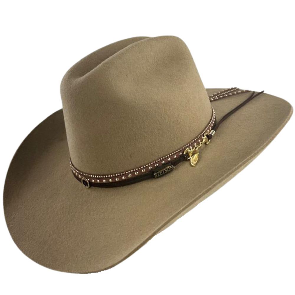 Chapéu De Feltro Stetson Camel Bandinha Com Strass Pingente Pena REF:64463