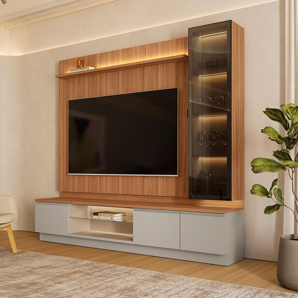 Conjunto Painel Rack Módulo Cristaleira Been MDP/MDF TV até 75 Canela/Gris G77 - Gran Belo