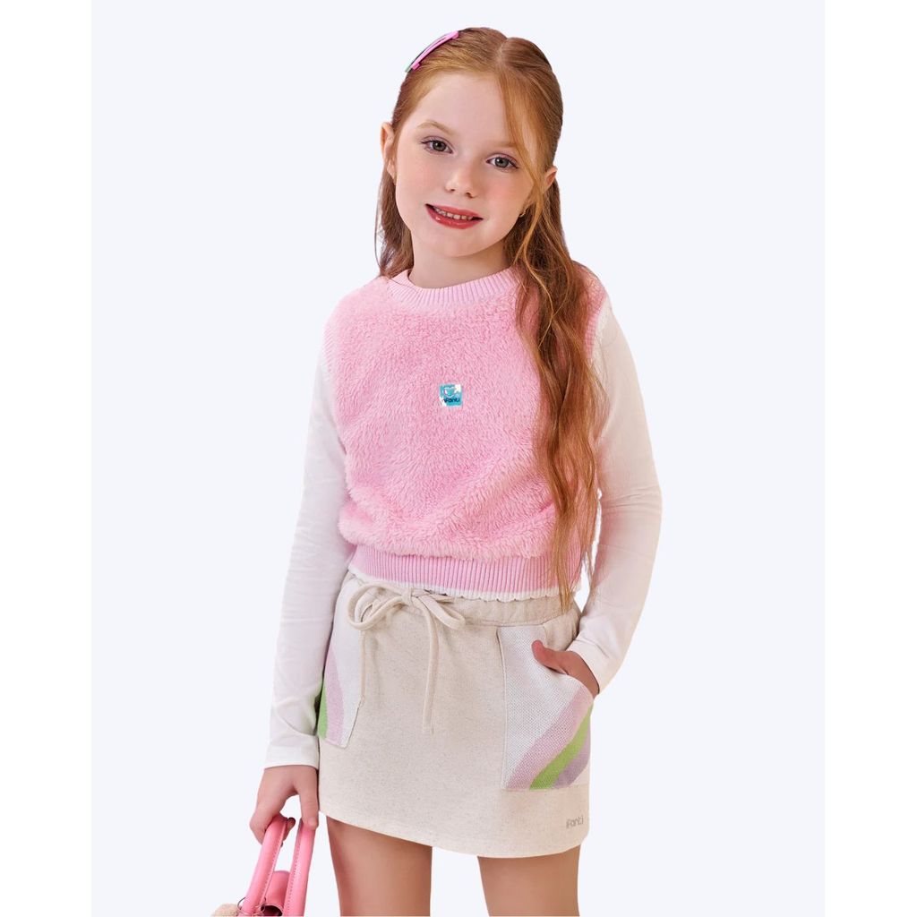 Blusa em Cotton Colete em Pelo Carneirinho e Shorts-Saia em Moletom sem Pelúcia Infantil Feminino Infanti 90831