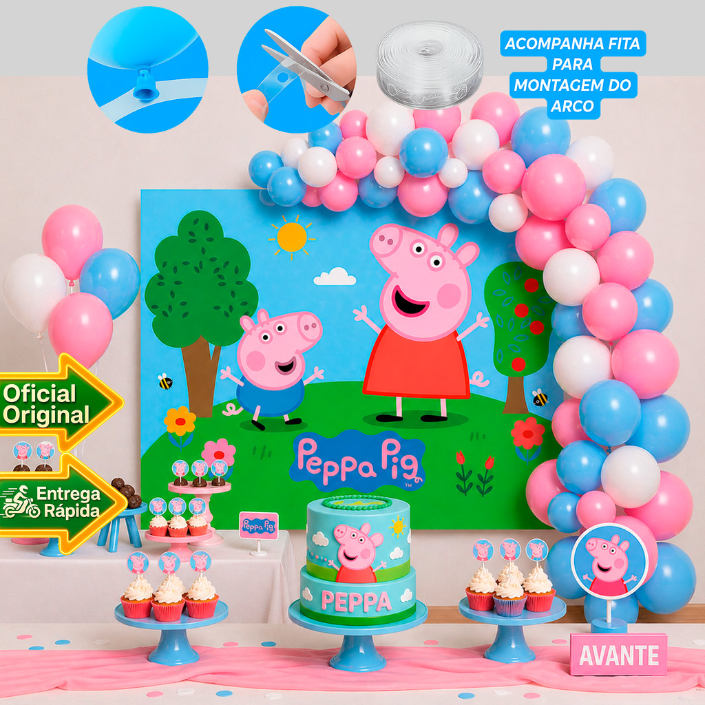 Kit Festa Peppa Pig Decoração Aniversário Painel+150 Balões mais completa