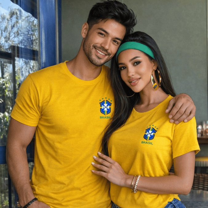 Kit Casal 2 Camisetas Estampadas Brasil T-Shirt Copa do Mundo 100% Algodão Amigos Namorados Futebol