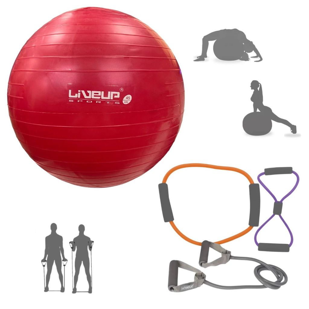 Kit Bola Suiça Pilates Antiestouro Premium 45cm com Inflador + Extensor Elástico 3 Tensões