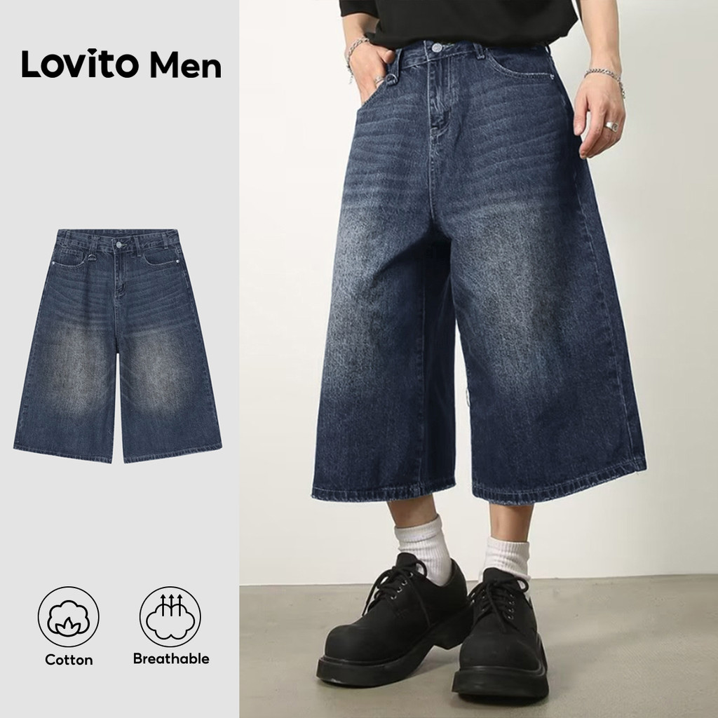 Lovito Men Shorts de Ganga Casuais Bolso Lavado Primavera/verão Azul Escuro para Homens LNE138195