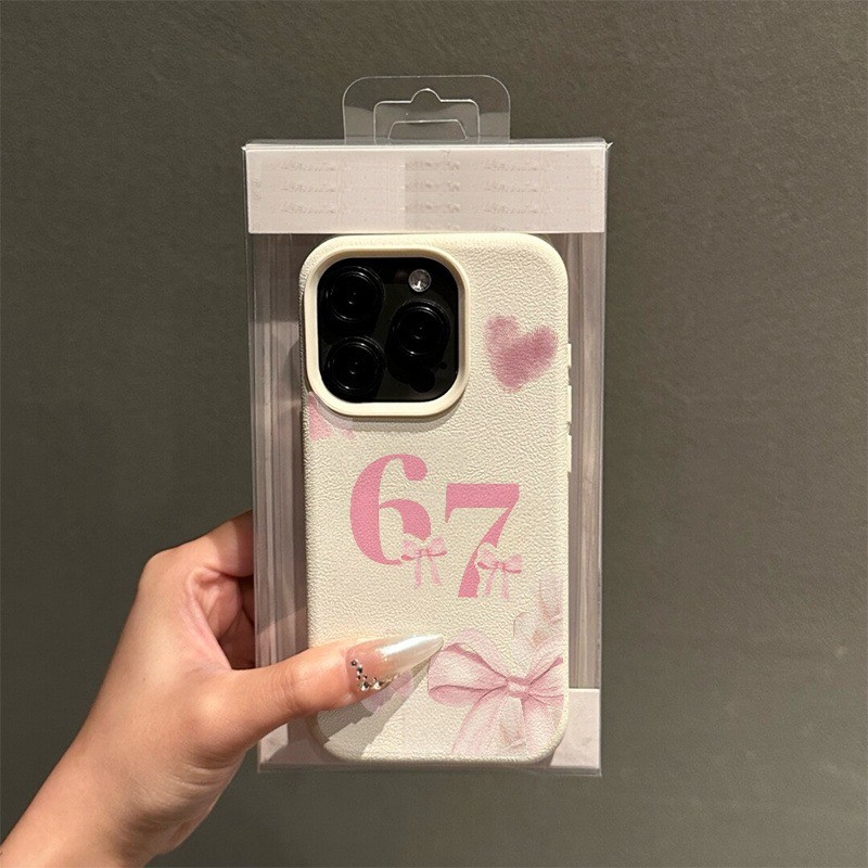 Capa Laço Rosa Número 67 Textura Lichia Branco Marfim TPU Anti-Queda Presente iPhone 17 16 15 14 13 12 11 Pro Max Plus A