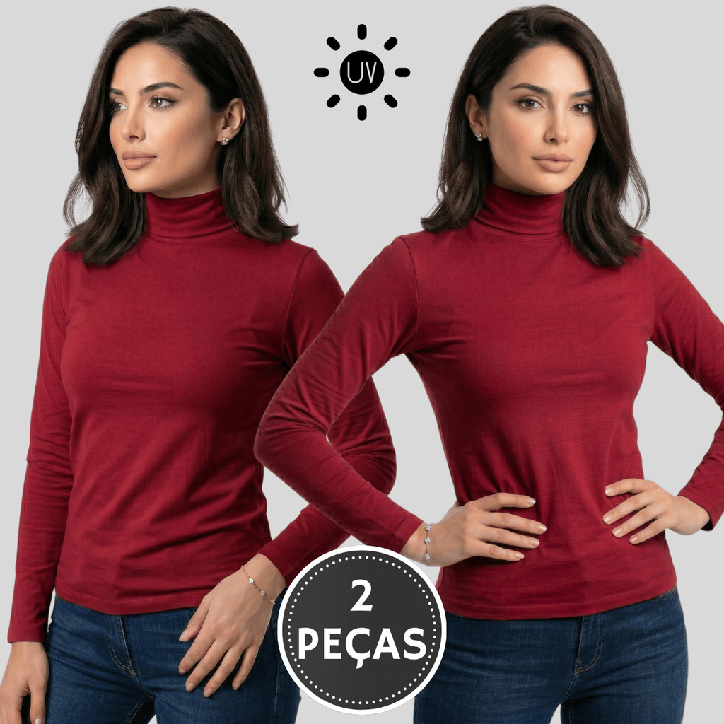 Kit 02 Camisetas Feminina Gola Alta Proteção UV Térmica Manga Longa Segunda Pele Blusa Básica Cacharrel Suéter