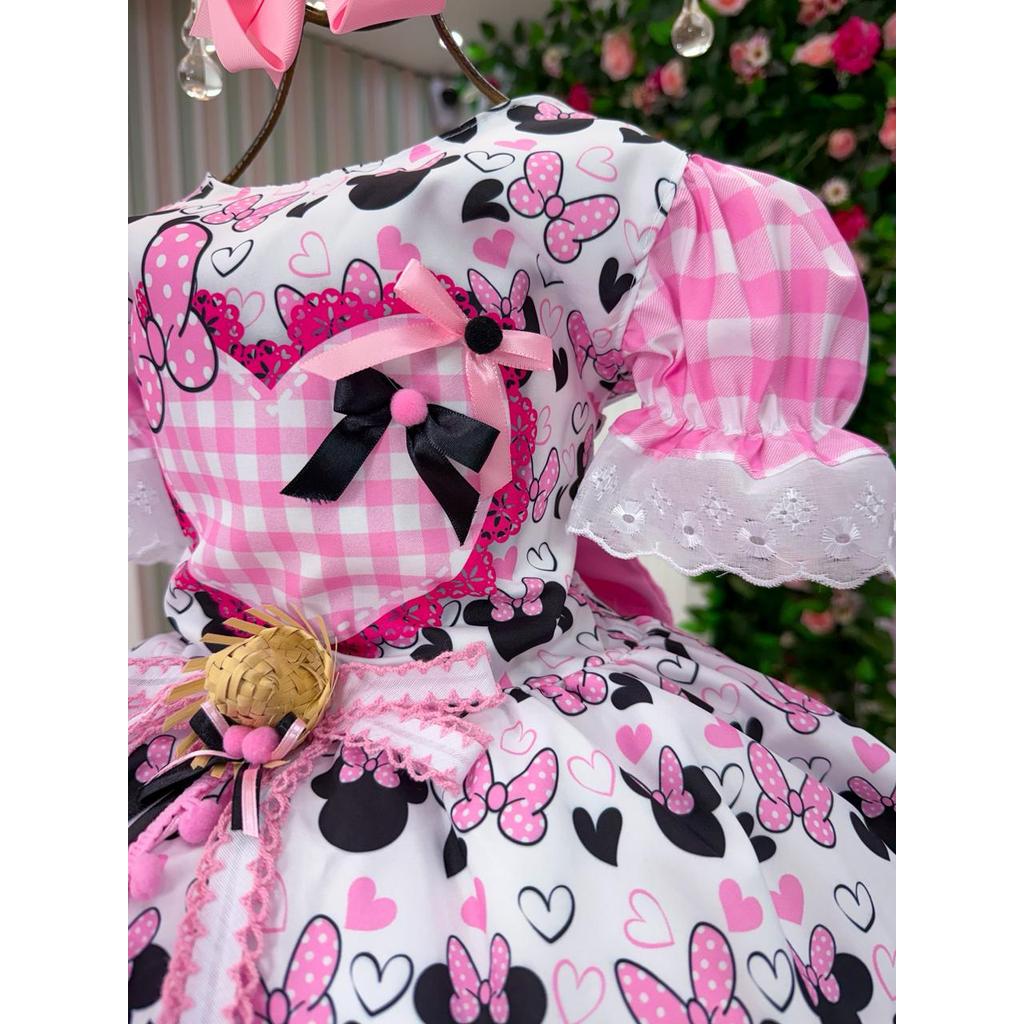 Vestido Junino Tematico Luxo Minnie/Minei Rosa - Leveza e Elegância para Meninas | Bebeloo Kids