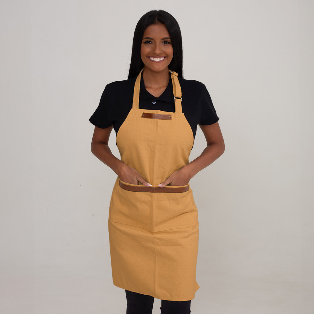 Avental Reforçado Lona Mostarda Couro Bar Atendente Cafefetria Padaria Confeitaria Balcão Equipe Buffet Café
