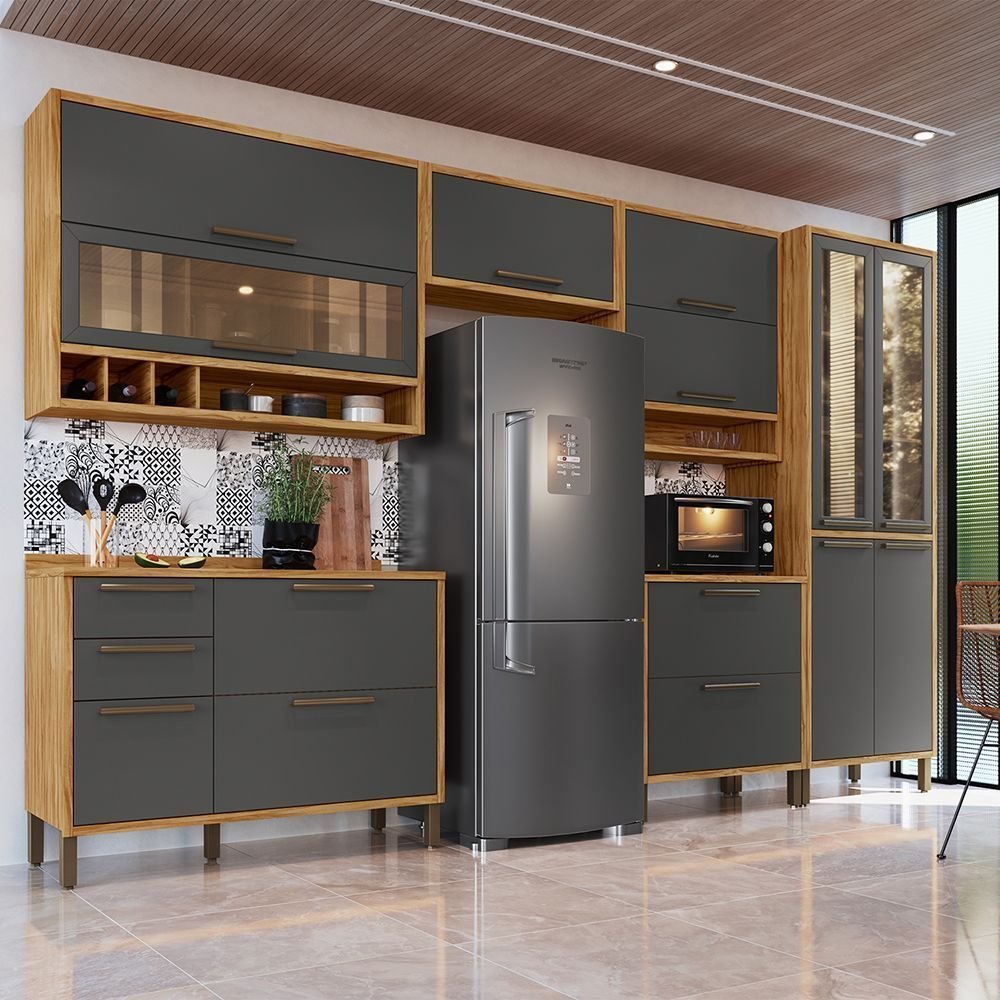 Cozinha Completa Modulada 100% MDF 6 Peças 12 Portas 4 Gavetas e Vidro 354cm Vicenza Espresso Móveis Amêndoa/Chumbo