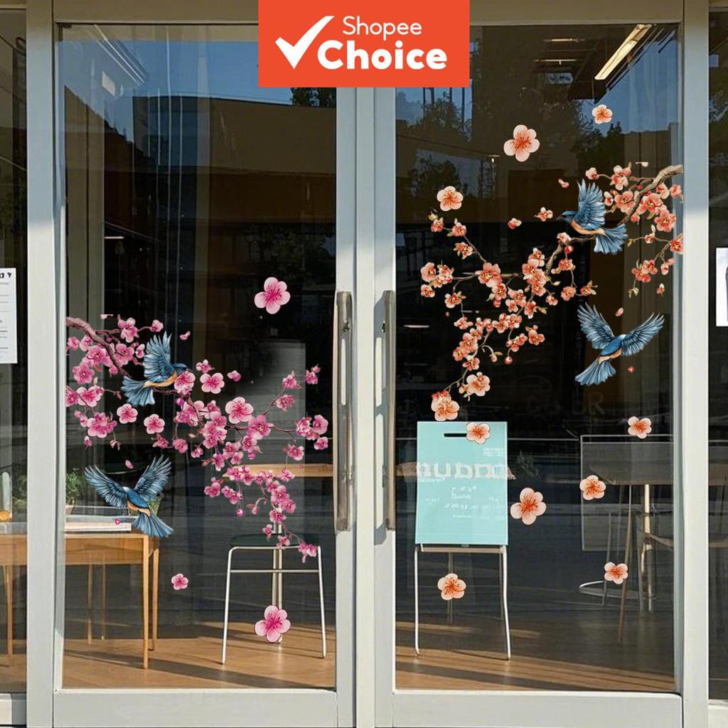 Adesivos Planos 2D , Um Conjunto (30 * 30 Cm * 2 Unidades) De Flores De Ameixa Rosa E Laranja Estilo Chinês , Pássaros V
