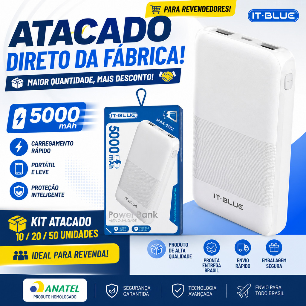 Carregador Portátil Power Bank Turbo 5000Mah Com 2 Saídas USB E 1 Tipo C Premium ITBLUE