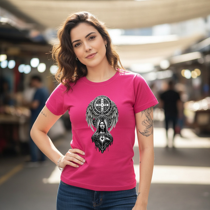 Baby Look 100% Algodão Feminina Estampa Nossa Senhora Com Medalha De São Bento Ótima Qualidade