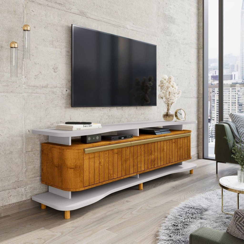 Rack para TV até 75 Polegadas 180cm Pés em Madeira Maciça Guarapari Bege Off-White/Naturalle Off White/Naturalle