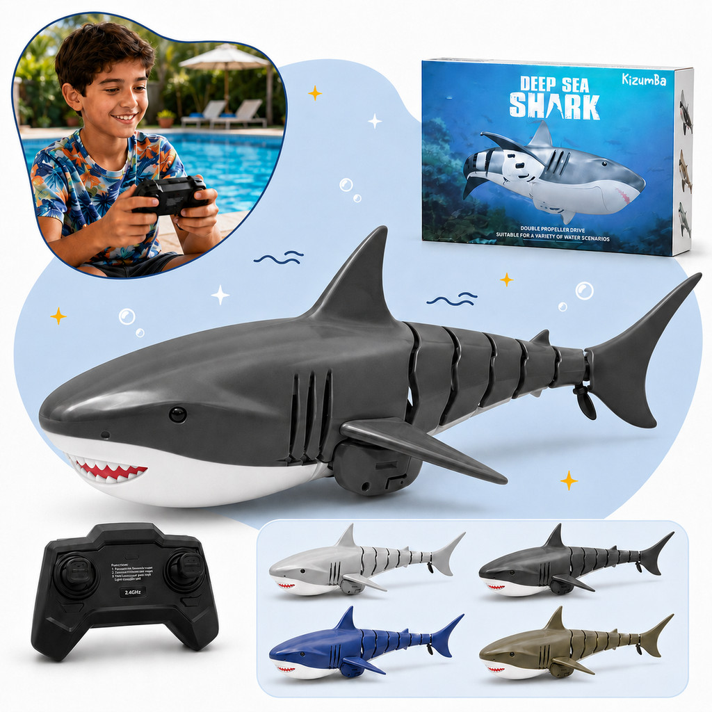 Brinquedo Tubarão Shark de Controle Remoto Articulado Recarregável Àquatico Para Piscina Banheira Rc Kizumba