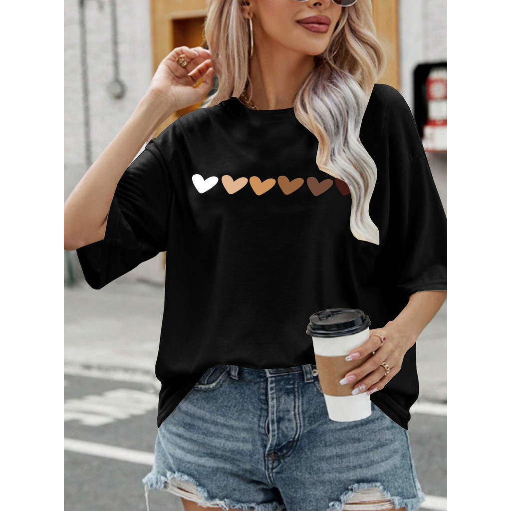 Camiseta Feminina Blusa Estampada Oversized 6 Corações Camisa Estilo Skatista T Shirt Plus Size Larga