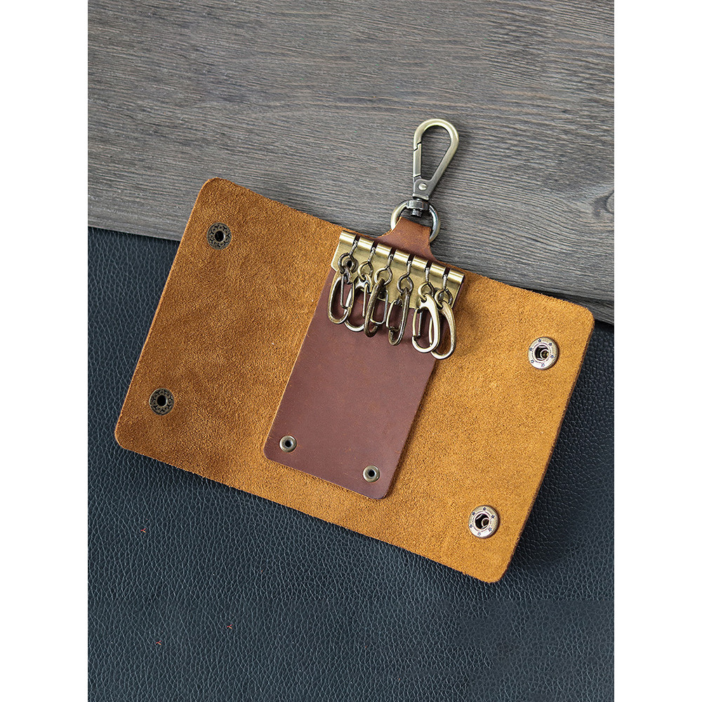 Bolsa de couro de cavalo louco, bolsa de armazenamento de chave, couro genuíno, artesanal, pequena bolsa para chave com 