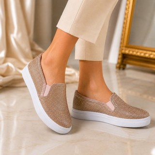 Tênis Feminino Slip on Iate Confortável Dourado Olografico Com Gliter Sem Cadarço Calce Fácil Feminino Casual Brilho