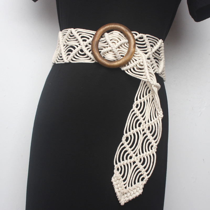 Senhoras moda cera corda trançada fivela redonda Posey cinto largo estilo étnico cintura corrente cinto vestido cinto