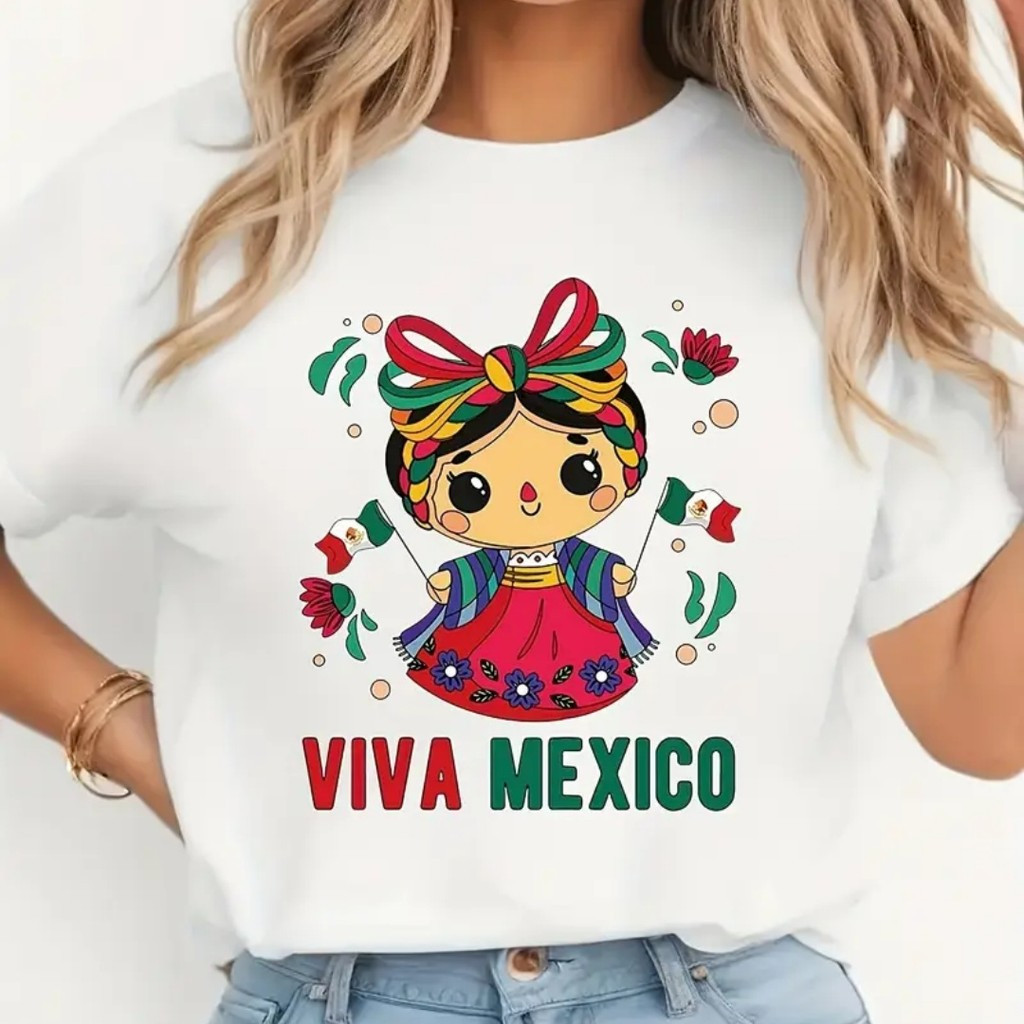 [Camiseta Premium em Algodão Puro]SISI Camiseta VIVA Mexico Feminina-de Retrato Mexicano com Maracas e Sombrero