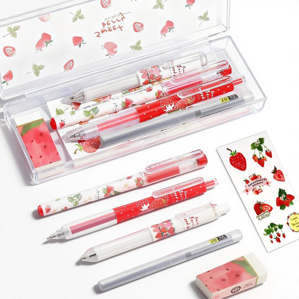 Conjunto de Canetas de Morango Fofas Inclui Lápis Mecânico de Morango Kawaii de 0,5mm, Refis de Lápis Mecânico, Borracha