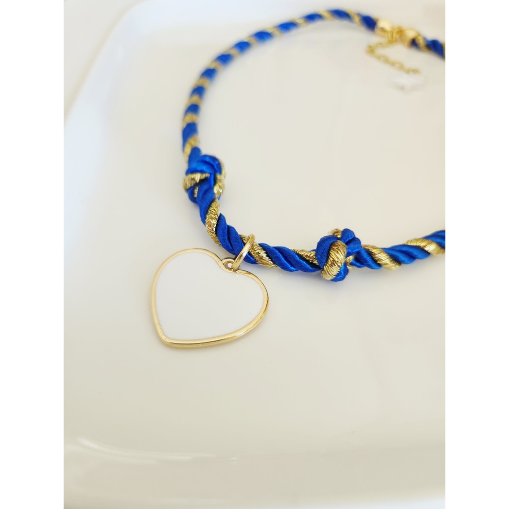Colar Choker Copa do Mundo Brasil 2026 Cordão Torcido Azul e Dourado Coração Resinado Branco