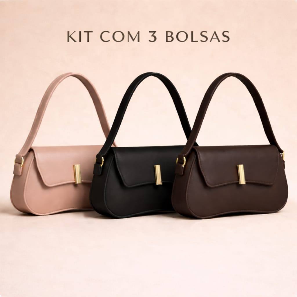 Bolsa Feminina Elegante Kit 3 Baguetes Lisas Ombro e Mão Tote Noir Fashion Media Pequena