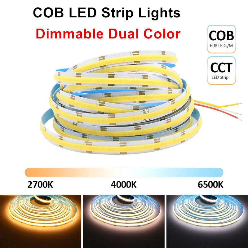 DC12V 24V Regulável Dual Color COB LED Strip Lights 608 LEDs/m Fita CCT Flexível De Alta Densidade 2700K A 6500K Luz De 