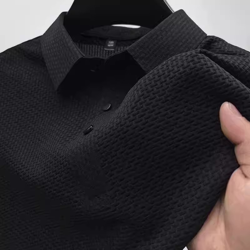 Verão trabalho wear fino camisa POLO de manga curta masculina estilo japonês Street wear Casual lapela seda gelo respirá