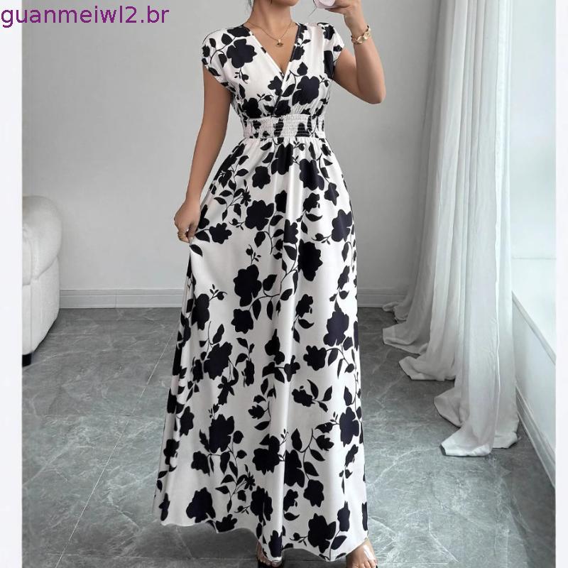 vestido feminino vestido longo feminino roupa feminina renda de manga curta com decote em v saia verão cintura estreita