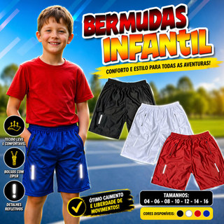 Kit 3 Bermuda Masculina Infantil e Juvenil com zíper no bolso
