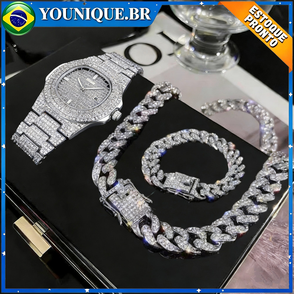 Relógio De Céu Estrelado Masculino Com Pulseira Corrente Cravejada Pulseira Masculina Cadeia Cubano Corrente Relogio Kit