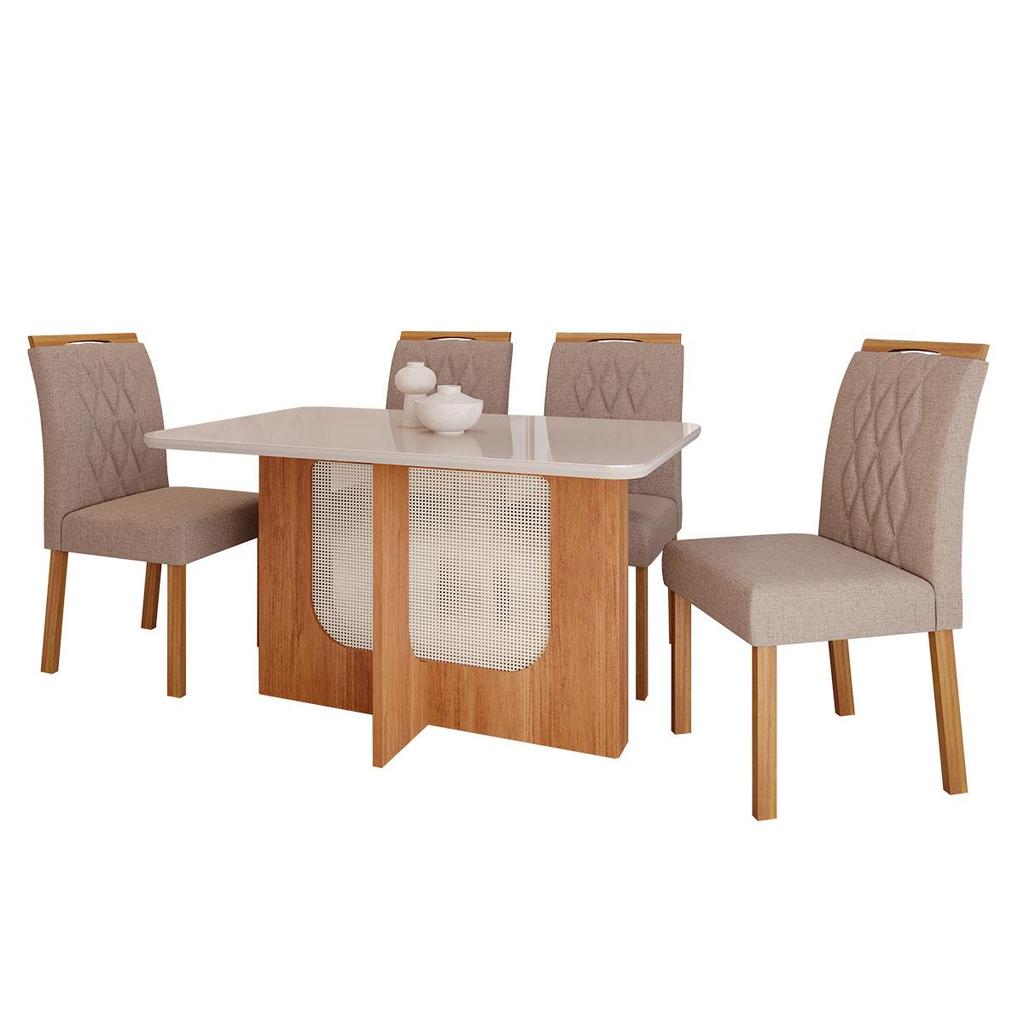 Conjunto de Mesa de Jantar Tampo de Vidro Off White Louise 1,30 Com e 4 Cadeiras Juliana Cinamomo/Madeira/Linho Bege