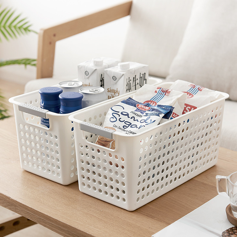 Cesta de armazenamento de plástico retangular grande e grossa, cesta de armazenamento de mesa para banheiro, cesta organ
