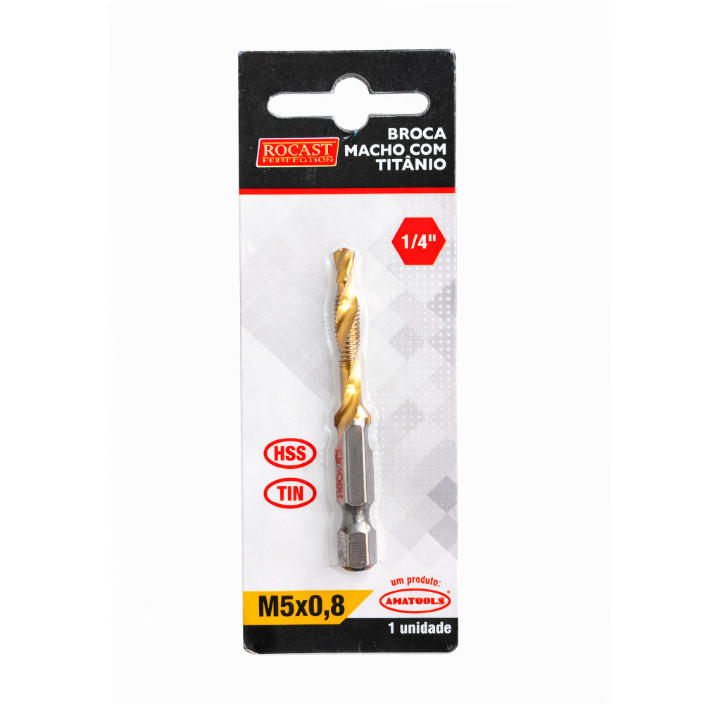 Broca Macho Aço HSS-TiN M5 x 0.8mm com Encaixe 1/4" Rocast 531,0004