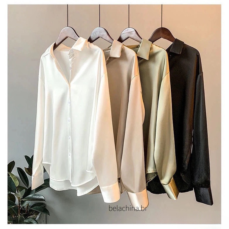 Camisa Feminina de Cetim de Manga Longa 2026 Solta/ Retrô/ Simples/ Casual/ Cor Sólida/ Versátil