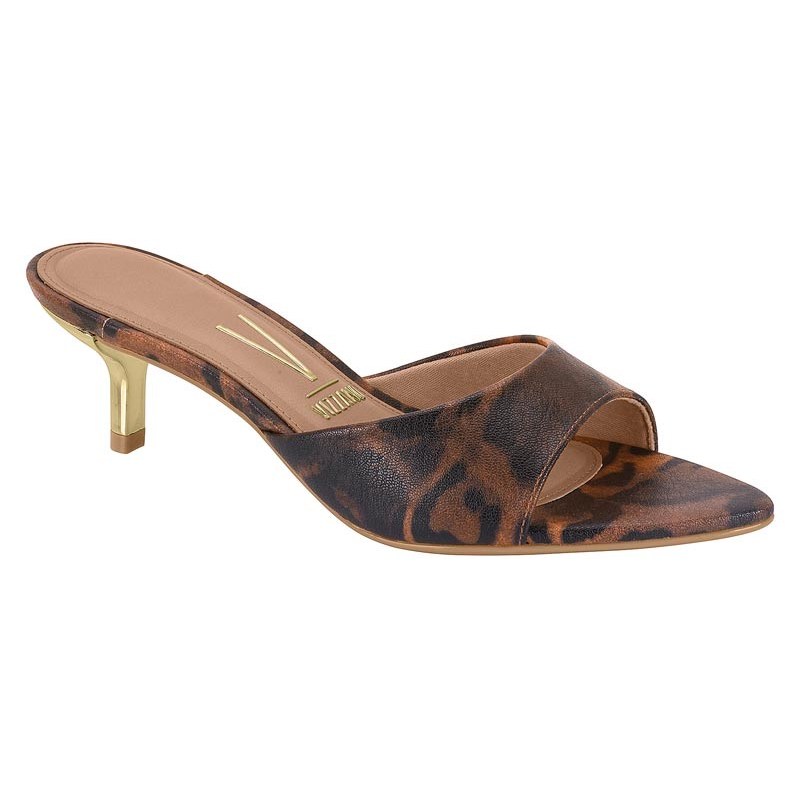 Tamanco Feminino Vizzano Onça Animal Print Bico Folha Salto Baixo Fino Estiloso Casual Confortável