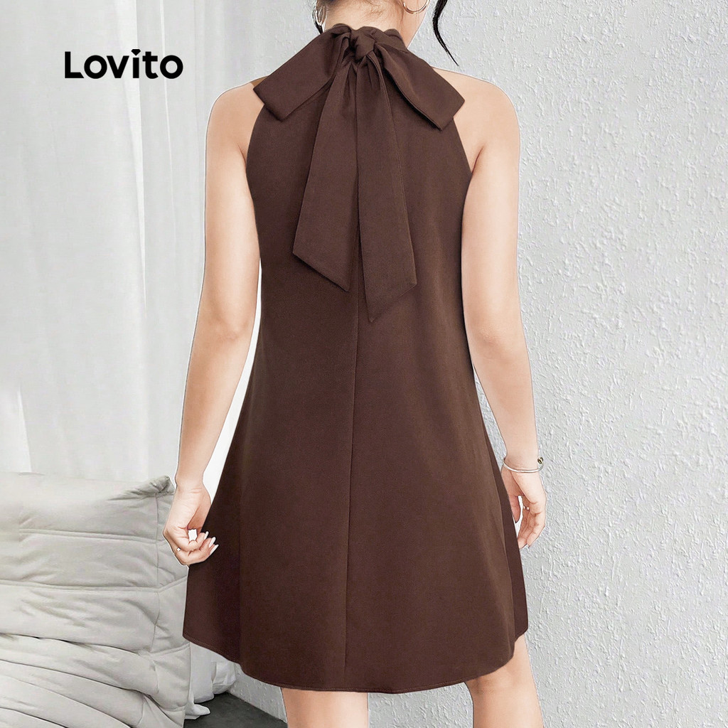 Lovito Curto Elegante Vestido pérolas plissado primavera/verão vestido marrom para mulheres LK3ED1790 · foto 2