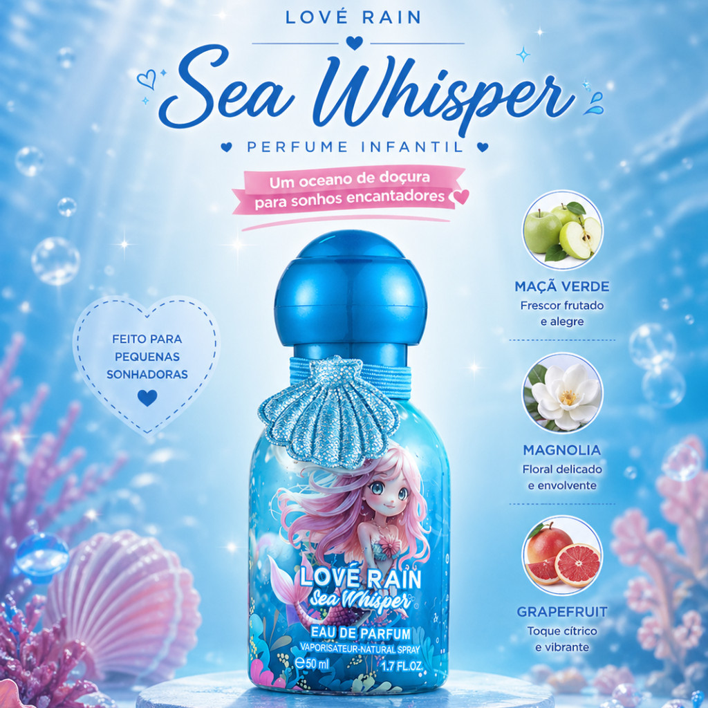Perfume Infantil Feminino Fresco Frutado Floral Fragrância Delicada Longa Duração 30ml Sea Whisper Lové Rain