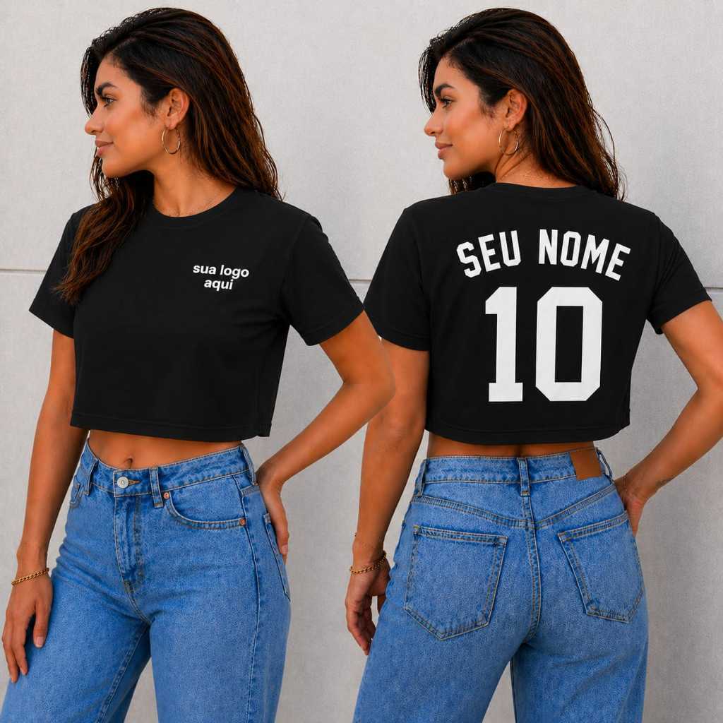 Camiseta Cropped Feminino 100% Algodão Feminina Personalizado Roupas Femininas Número Nome e Logo
