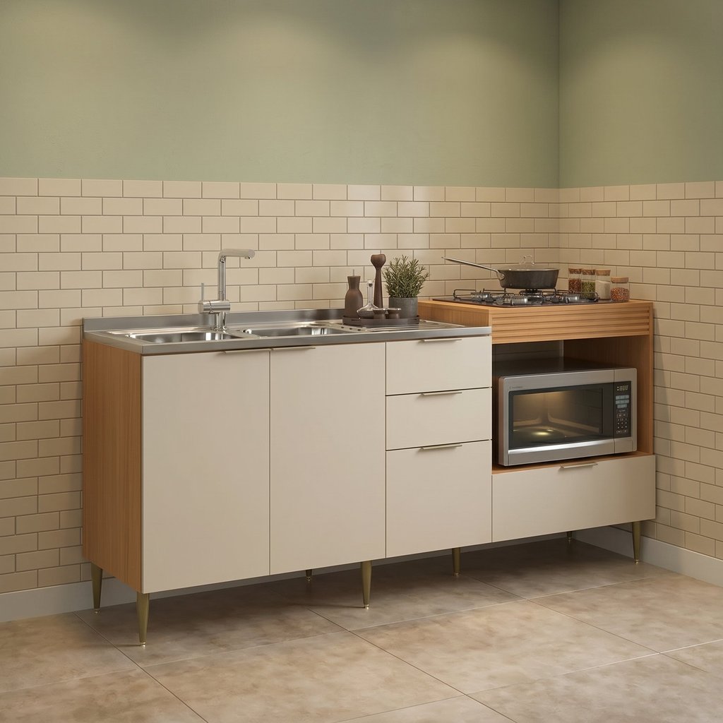 Balcão para Pia e Cooktop 4 Portas 2 Gavetas 190cm Alice Angelin e Off White Yescasa Angelin Premium/Off White