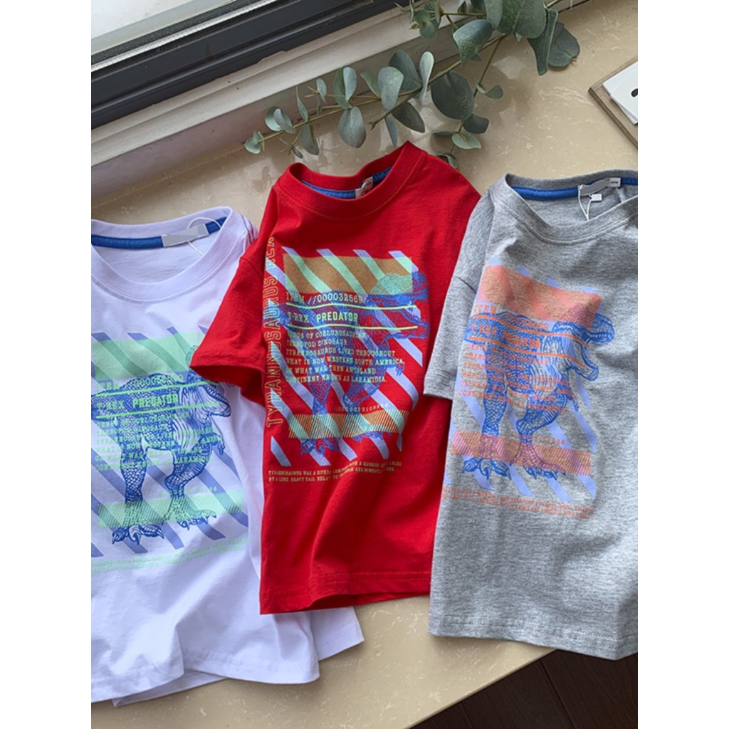 Meninos camiseta de manga curta puro algodão comércio exterior roupas infantis verão 2024 dinossauro crianças em torno d