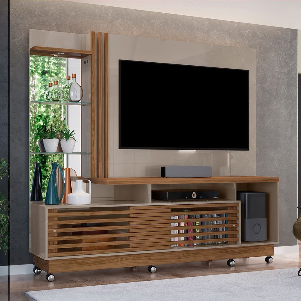 Estante Home Theater Ripado para TV até 60 Polegadas 2 Portas 178,5x200cm Frizz Plus Yescasa Bege Fendi/Naturale