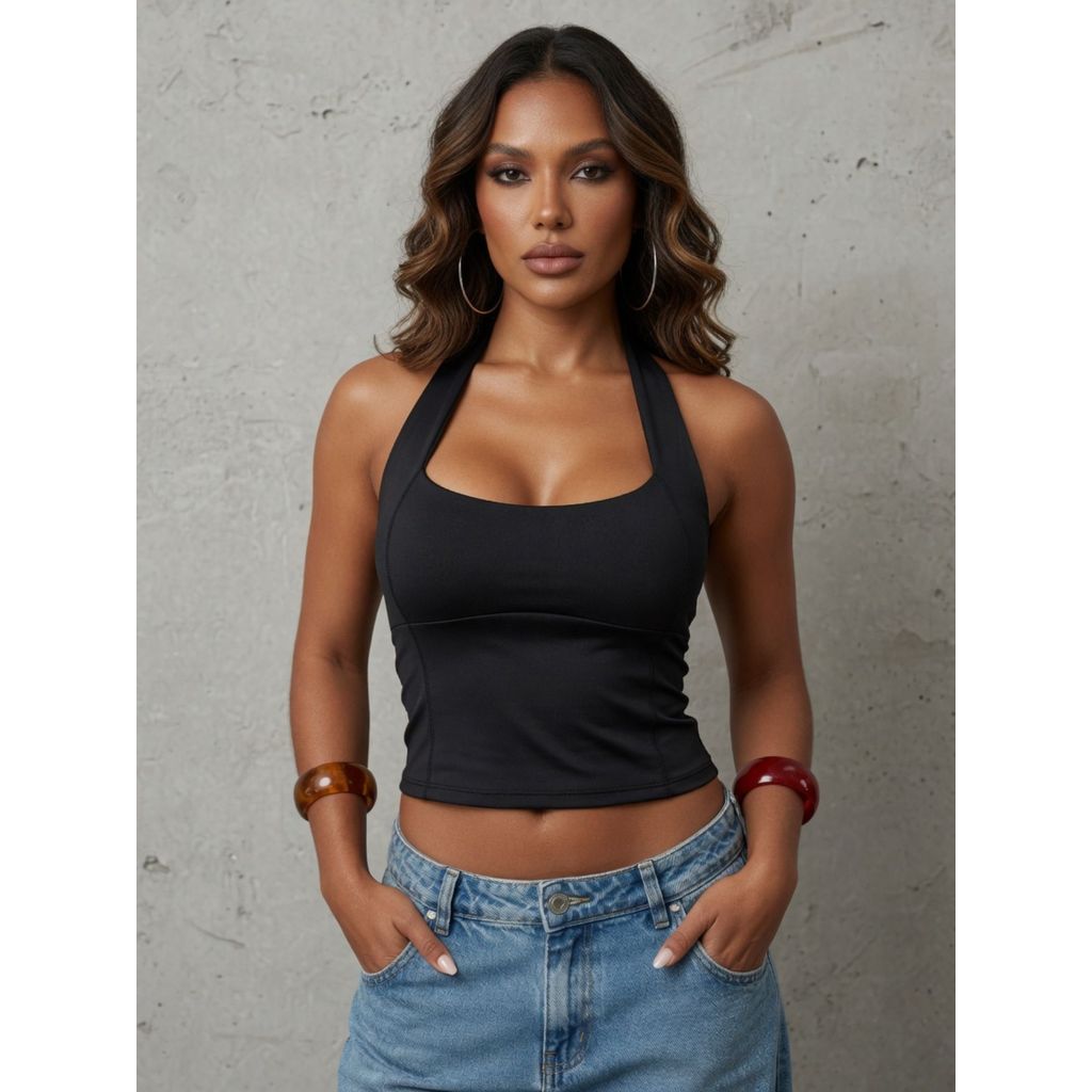 Blusa Feminina Top Cropped Frente Única Halter Premium Decote Frente Única Costas Nua Verão