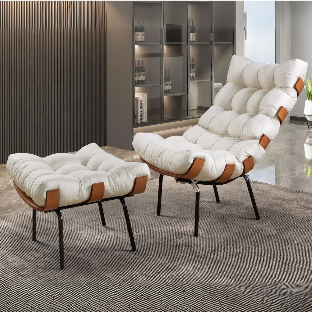 Poltrona com Puff Costela Linho Bege/Off White