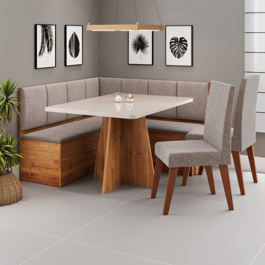 Conjunto Canto Alemão com Baú Mesa 120x77,8cm Tampo com Vidro e 2 Cadeiras Milão Bege/Mel/Off White/Kaki Kaki/Mel/Off