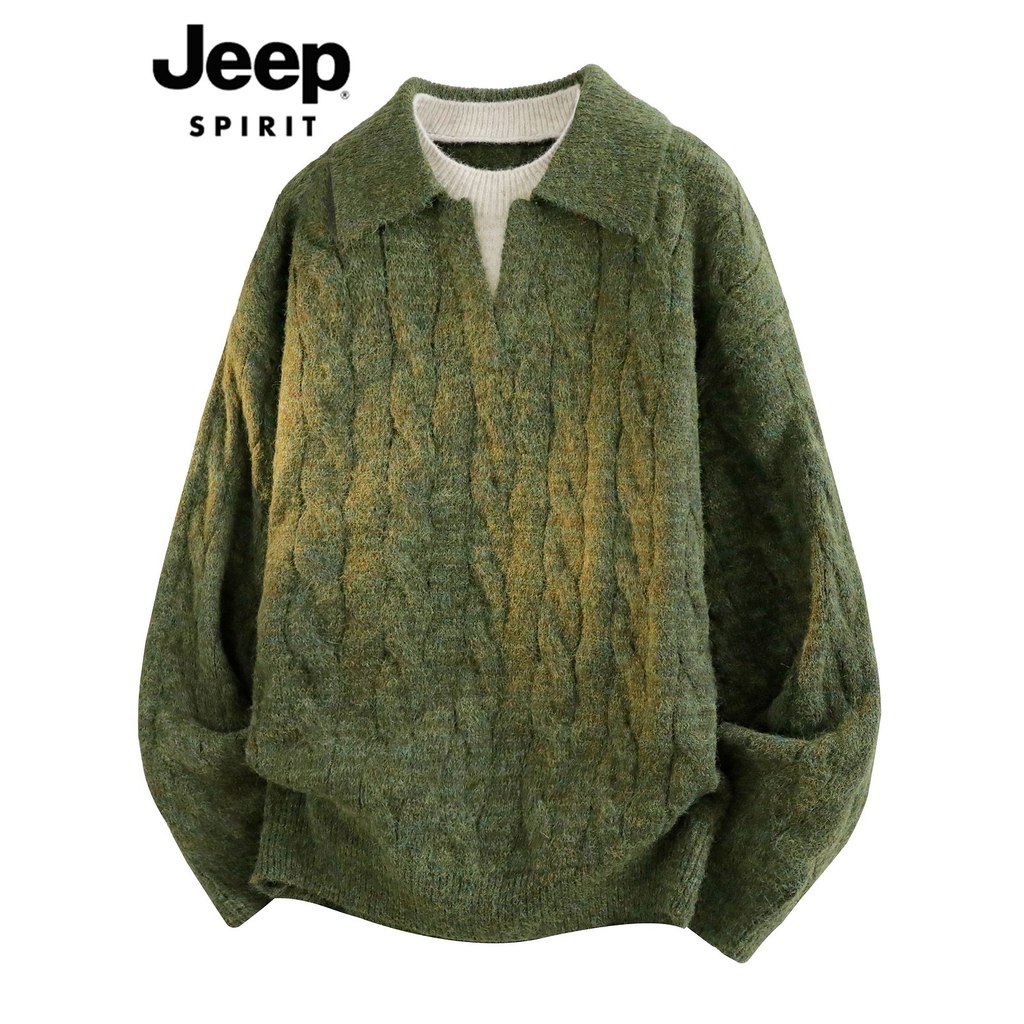 JEEP SPIRIT Lapela Suéter Masculino 2026 Primavera Grosso Falso Duas Peças Solto Suéter Casual Masculino