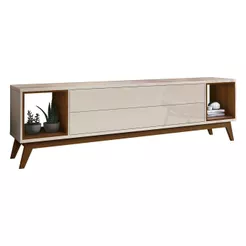 Rack para Sala TV 60 Polegadas Delux 2 Gavetas Pés de Madeira Off White com Natural - MoveisAqui